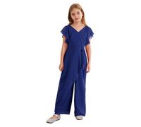 Moggemol Girls Ruffled Chiffon Dressy Casual Jumpsuit V-Neck Short Sleeve Wide Leg Long Pants Romper Royal Blue 11-12 Years