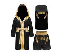 Moggemol Kids 3Pcs Boxing Outfits Boys Kickboxing Uniform Hooded Robe Sports Vest Tanks with Shorts Set Black&Gold 9-10 Years