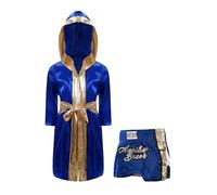Moggemol Kids Boys Boxing Costume Long Sleeve Metallic Trim Satin Belted Robe Hooded Cloak and Boxer Shorts Set Royal Blue A 11-12 Years