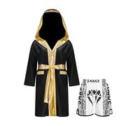 Moggemol Kids Boys Boxing Costume Thai Fans Outfit Metallic Satin Hooded Robe with Belt and Shorts Set B2 11-12 Years