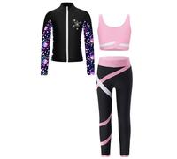 Moggemol Kids Girls 3Pcs Gym Figure Skating Dance Outfits Crop Tops and Yoga Pants Long Sleeve Zipper Jacket Set Pink 11-12 Years