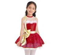 Moggemol Kids Girls Christmas Sequins Dance Dress Leotard Party Xmas Mrs Santa Figure Ice Skating Costume Dancewear Red A 13-14 Years