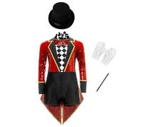 Moggemol Kids Girls Sequin Checkerboard Zipper Showman Tailcoat Halloween Magician Circus Trapeze Bodysuit Red 9-10 Years