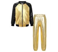 Moggemol Kids Shiny Jazz Hip Hop Dance Costume Boys Girls Leather Bomber Jacket with Pants Set Gold 13-14 Years