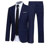 Moggemol Mens 2-Piece Suits Slim Fit Wedding Prom Tuxedo Suit Lapel One-Button Blazer Jacket Trousers Navy Blue M