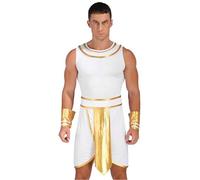 Moggemol Mens Ancient Egyptian Costume Adult Pharaoh Halloween Costume Toga Dress with Cuffs Set White M