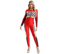 Moggemol Race Car Driver Costume for Women Halloween Carnival Nights Outfit Checkered Racer Jumpsuit Red 3XL