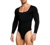 Moggemol Square Neck Ribbed Bodysuit For Men Long Sleeve Stretchy Openable Crotch Jumpsuit Yoga Dance Black L