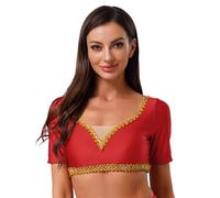 Moggemol Womens Belly Dance Crop Top Short Sleeve V Neck Gold Trim for Festivals and Casual Wear Red S