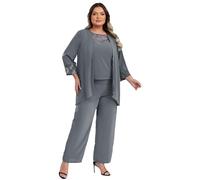 Moggemol Womens Chiffon Lace Wedding Guest Outfits 3 Pieces Plus Size Mother of The Bride Trouser Suits Gray XL