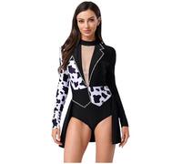 Moggemol Womens Devil Witch Cosplay Bodysuit Long Sleeve Contrast Color Open Front Leotard For Halloween Black S