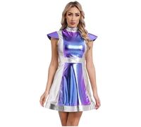 Moggemol Womens Halloween Cosmic Alien Costume Space Cadet Cosplay Shiny Metallic Flared Mini Dress Silver S