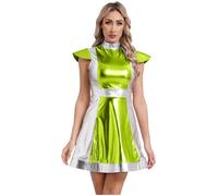 Moggemol Womens Halloween Cosmic Alien Costume Space Cadet Cosplay Shiny Metallic Flared Mini Dress Green M