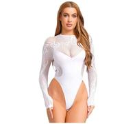 Moggemol Womens Long Sleeve Shiny Rhinestone Fishnet Bodysuit High Cut Bodycon For Club & Night Out White One Size