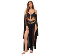 Moggemol Women's Sequin Tassel Waist Chain Belly Dance Set Fringe Bra Top Panties + High Slit Mesh Skirt Black S