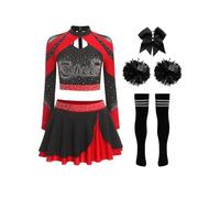 Moggemol Womens Sparkly Cheerleading Costume 5PCS Cheer Uniform Set Long Sleeve Crop Top and Miniskirt Red B XXL