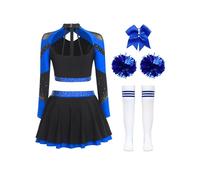 Moggemol Womens Sparkly Cheerleading Costume 5PCS Cheer Uniform Set Long Sleeve Crop Top and Miniskirt Royal Blue A L