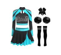 Moggemol Womens Sparkly Cheerleading Costume 5PCS Cheer Uniform Set Long Sleeve Crop Top and Miniskirt Sky Blue B S