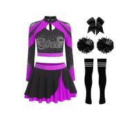 Moggemol Womens Sparkly Cheerleading Costume 5PCS Cheer Uniform Set Long Sleeve Crop Top and Miniskirt Purple B L