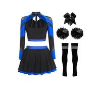 Moggemol Womens Sparkly Cheerleading Costume 5PCS Cheer Uniform Set Long Sleeve Crop Top and Miniskirt Royal Blue B XXL