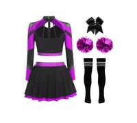 Moggemol Womens Sparkly Cheerleading Costume 5PCS Cheer Uniform Set Long Sleeve Crop Top and Miniskirt Purple A M