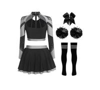 Moggemol Womens Sparkly Cheerleading Costume 5PCS Cheer Uniform Set Long Sleeve Crop Top and Miniskirt Grey B M