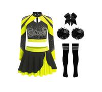 Moggemol Womens Sparkly Cheerleading Costume 5PCS Cheer Uniform Set Long Sleeve Crop Top and Miniskirt Fluorescent Yellow B XXL