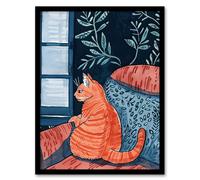 Moggie Cat Lover Alone Time Melancholy Painting Framed Wall Art Artery8 Orange A4