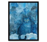 Moggie Cat Lover Nocturnal Blue Dream Watercolour Framed Wall Art Artery8 Blue A4