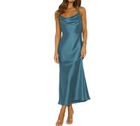 Mogidol Summer Satin Spaghetti Strap Cowl Neck Backless Midi Dresses for Women Elegant Tie Low Back Ruched Cocktail Dress, Darkblue, S