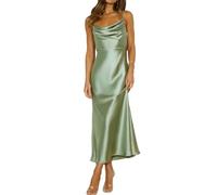 Mogidol Summer Satin Spaghetti Strap Cowl Neck Backless Midi Dresses for Women Elegant Tie Low Back Ruched Cocktail Dress, Sage, XS