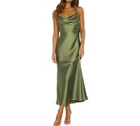 Mogidol Summer Satin Spaghetti Strap Cowl Neck Backless Midi Dresses for Women Elegant Tie Low Back Ruched Cocktail Dress, Olive, S