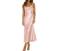 Mogidol Summer Satin Spaghetti Strap Cowl Neck Backless Midi Dresses for Women Elegant Tie Low Back Ruched Cocktail Dress, Pink, S
