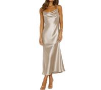 Mogidol Summer Satin Spaghetti Strap Cowl Neck Backless Midi Dresses for Women Elegant Tie Low Back Ruched Cocktail Dress, Champagne, XS