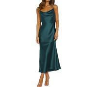 Mogidol Summer Satin Spaghetti Strap Cowl Neck Backless Midi Dresses for Women Elegant Tie Low Back Ruched Cocktail Dress, Deep Green, S