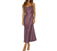 Mogidol Summer Satin Spaghetti Strap Cowl Neck Backless Midi Dresses for Women Elegant Tie Low Back Ruched Cocktail Dress, Grape, M