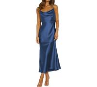Mogidol Women's Summer Satin Spaghetti Strap Cowl Neck Halter Midi Dress Elegant Tie Back Cocktail Dress, Navy Blue, XL