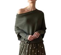 mogl Asymmetric Draped Jumper, Off The Shoulder Sweater Slouchy Knit Pullover, Fall Sweaters for Women, Long Batwing Sleeve ArmyGreen