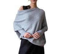 mogl Asymmetric Draped Jumper, Off The Shoulder Sweater Slouchy Knit Pullover, Fall Sweaters for Women, Long Batwing Sleeve Light Grey