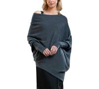 mogl Asymmetric Draped Jumper, Off The Shoulder Sweater Slouchy Knit Pullover, Fall Sweaters for Women, Long Batwing Sleeve Dark Gray