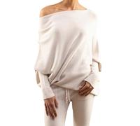 mogl Asymmetric Draped Jumper, Off The Shoulder Sweater Slouchy Knit Pullover, Fall Sweaters for Women, Long Batwing Sleeve Apricot