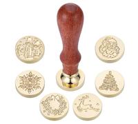 Mogokoyo Christmas Vintage Wooden Handle Wax Sealing Stamp Set, Wax Sealing Stamp Kit with 1 Piece Wood Handle and 6 Pieces Removable Sealing Copper Head, Gift Boxes for Festival Celebration