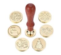Mogokoyo Christmas Wax Sealing Stamp Kit, Vintage Brass Seal Stamp Set of 1 Piece Wood Handle and 6 Pieces Removable Sealing Copper Head