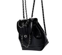 MOGSA School Bag Women Autumn Winter Mini Chains Backpack Female Ins Student Oil Wax Leather Shoulder Bag Travel Bagpack Black Rucksack Sac-Black Silver,17X11.5X21.5Cm