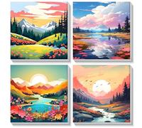 MOGTAA 4 Pack Landscape Paint by Number for Adults with Frame, Mountains and Rivers Paint by Numbers for Kids, Acrylic Paint by Number on Canvas, DIY Oil Painting by Number Kits for Gift Decor 20x20cm