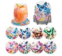 MOGTAA 8 Pcs Butterfly Coasters Kit with Holder, 5D Diamond Art Coasters Kits for Adults Kids Beginners, DIY Coaster Sets Flowers Painting Craft for Home Decor