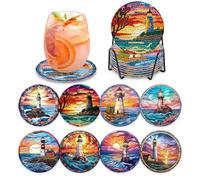 MOGTAA 8 Pcs Lighthouse Diamond Painting Coasters Kit with Holder, 5D Diamond Art Coasters Kits for Adults Kids Beginners, DIY Diamond Painting Coaster Sets Landscape Painting Craft for Home Decor
