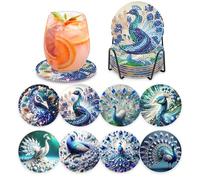 MOGTAA 8 Pcs Peacock Diamond Coasters Kit with Holder, DIY Coaster Sets Animal Painting Craft for Home Decor