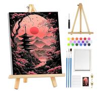 MOGTAA Cherry Blossom Paint by Numbers for Adults Beginner with Frame, Mountain Landscape Painting by Numbers for Adults with Easel, DIY Oil Painting Kits Art Crafts for Home Decor, 8x12in