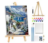 MOGTAA Coastal Town Paint by Numbers for Adults Beginners with Frame, Mountains and Sea Painting by Numbers for Adults with Easel, Easy DIY Oil Painting Kits Art Crafts for Home Decor, 8x12in